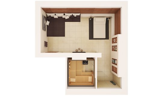 KLAFS Ideen für Saunaräume: Grundriss Wellnessbereich zuhause, Sauna PREMIUM mit Q Paneelen Farblicht und InfraPLUS Sitz, SWAY und SONNENWIESE®